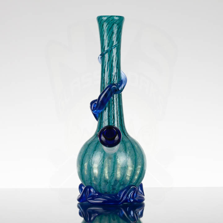 Noble Glass GOG 11.75in Aqua Teal Stripes - Blue Wrap - Blue Base
